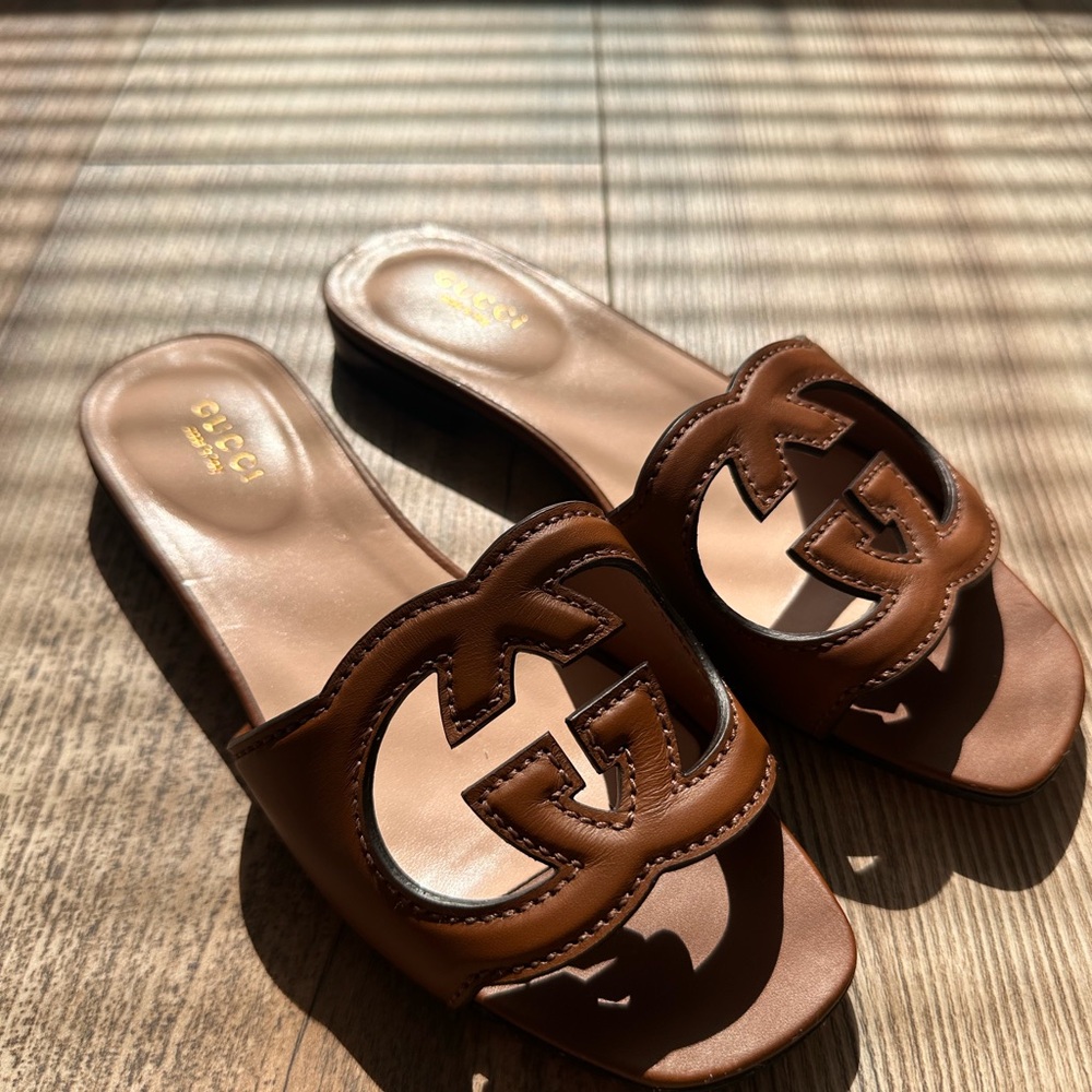 Gucci Tan Leather Slide Sandals